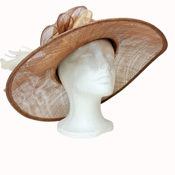 August Wide Brim Straw Hat Natural Feather Bow Vintage Elegant Church Derby - Picture 14 of 14